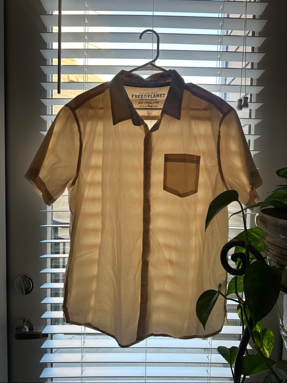Free Planet Men’s Short-Sleeve Sheer Button-Up Shirt - Beige